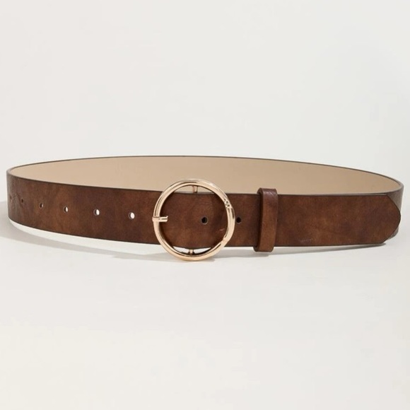BELT BUNDLE: Brown Minimalist Buckle Belt & Khaki Round Buckle Belt w Hole Punch - Picture 4 of 7